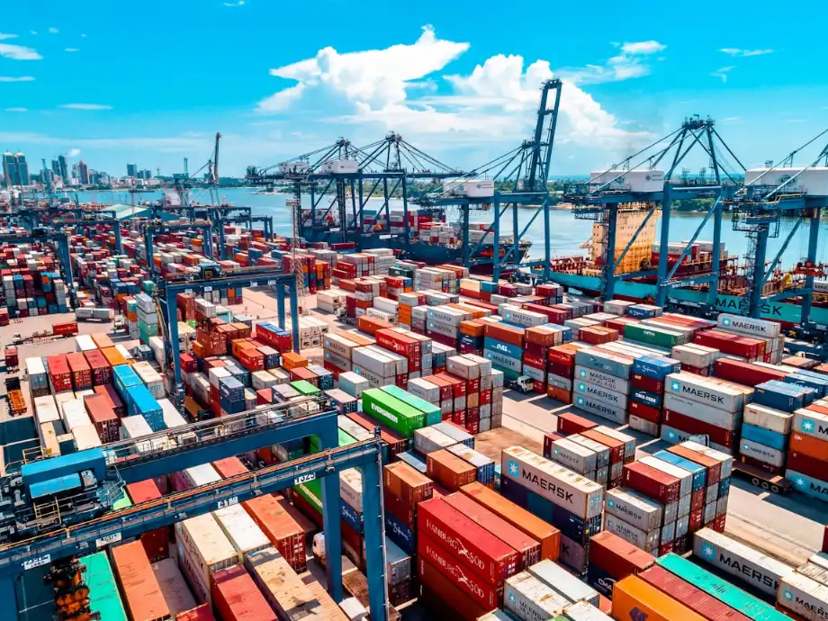 Contenedores y grúas en una terminal de carga internacional
